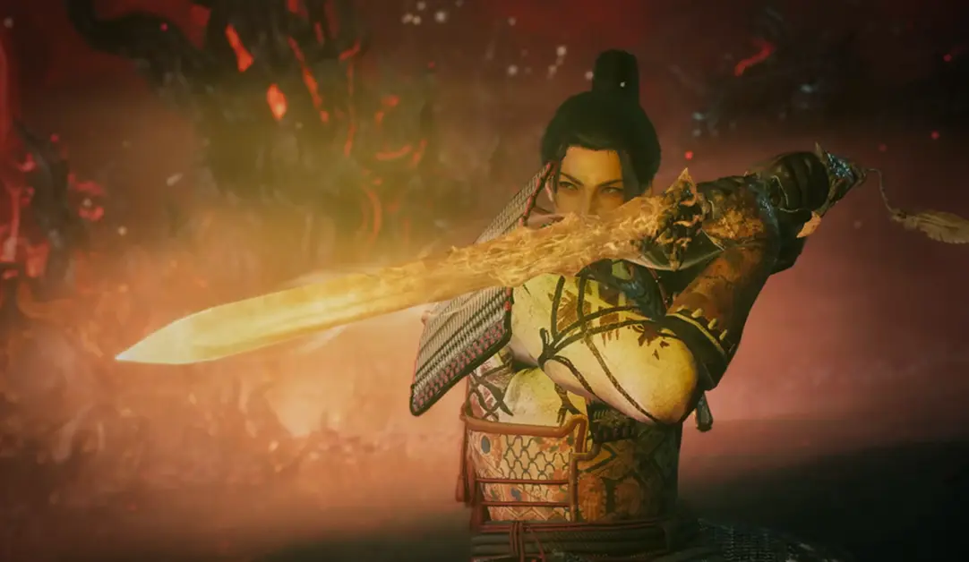 Een woeste samoerai in Nioh 3 kruist de degens met een demon tegen een bloedrode hemel