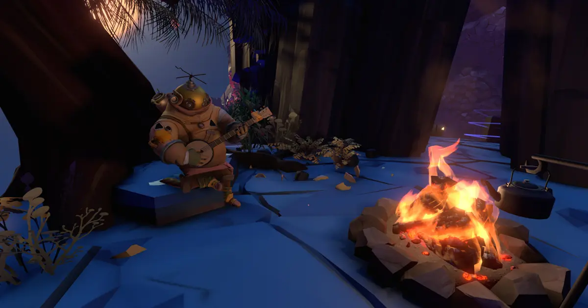 Een spelerpersonage dat op een afbrokkelend planeetoppervlak staat in Outer Wilds.