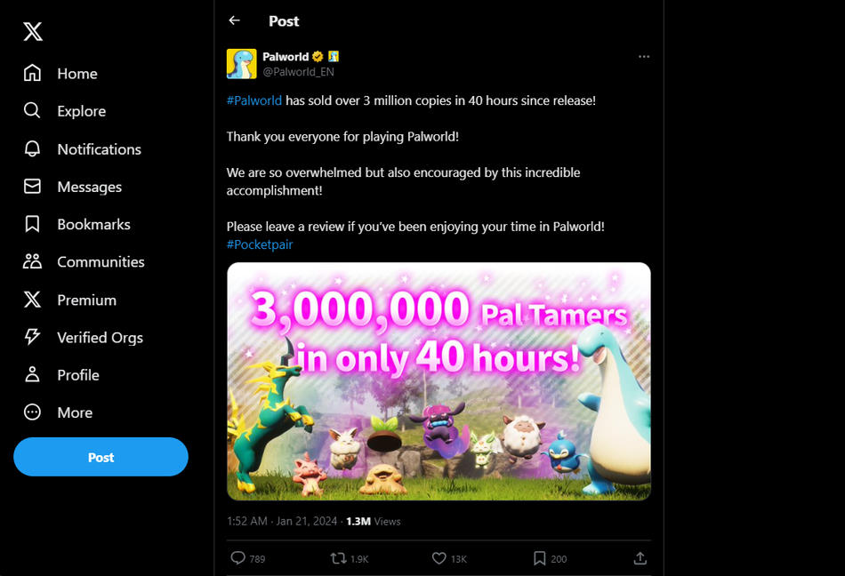 Palworld verkoopt meer dan 3 miljoen exemplaren in slechts 40 uur na lancering