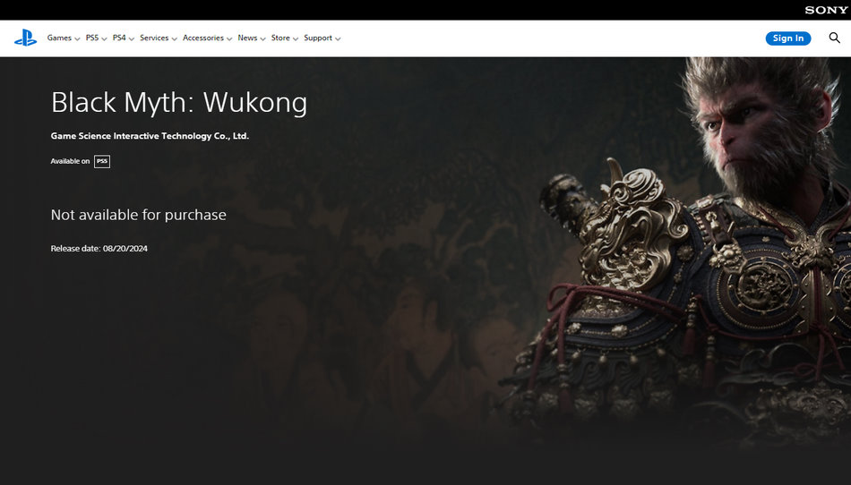 PS Store-pagina in afwachting van de start van de pre-orders voor Black Myth: Wukong