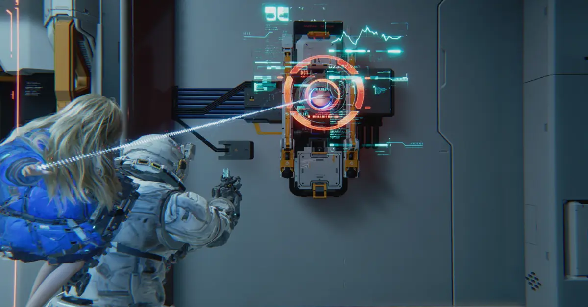 Gameplay-screenshot van PRAGMATA met de hacking-interface op de maan.