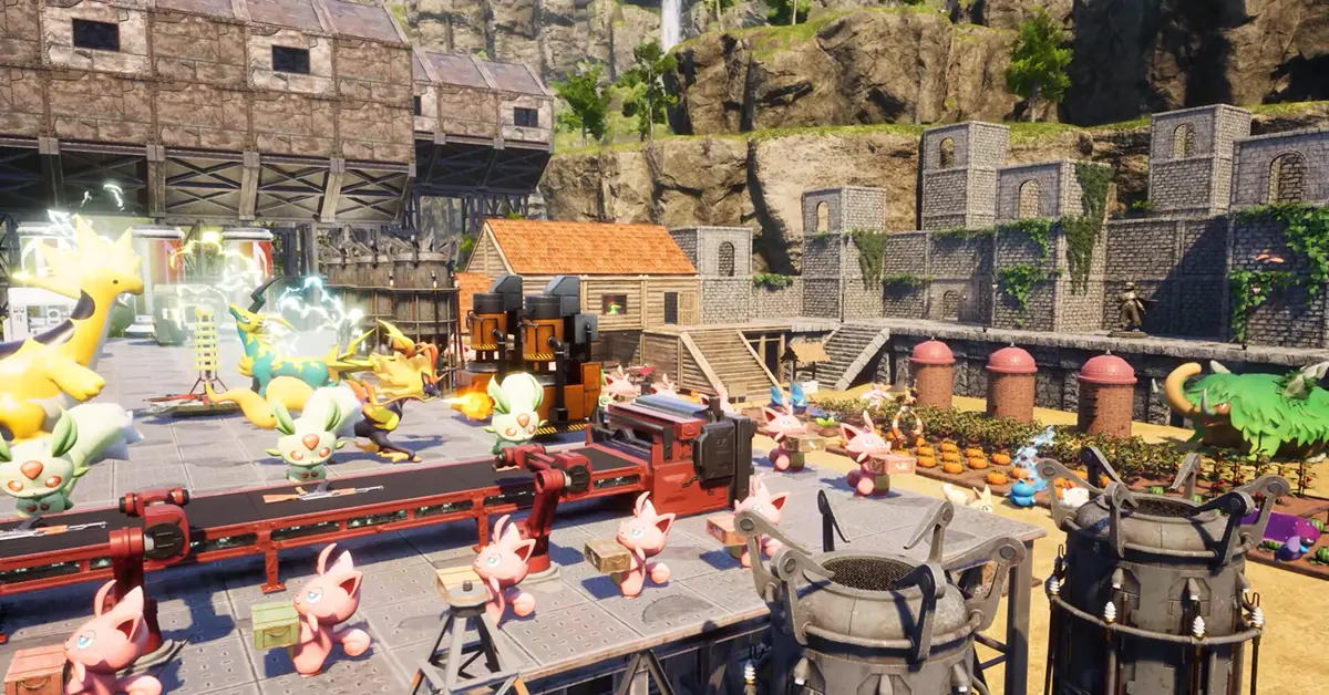 Palworld-gameplay die basisautomatisering en het verzamelen van wezens toont.