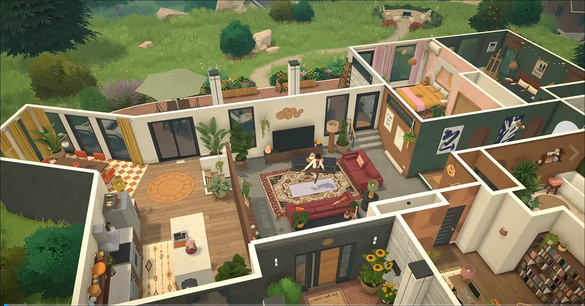 Paralives-gameplay met een personage in een gedetailleerd, op maat gebouwd huis