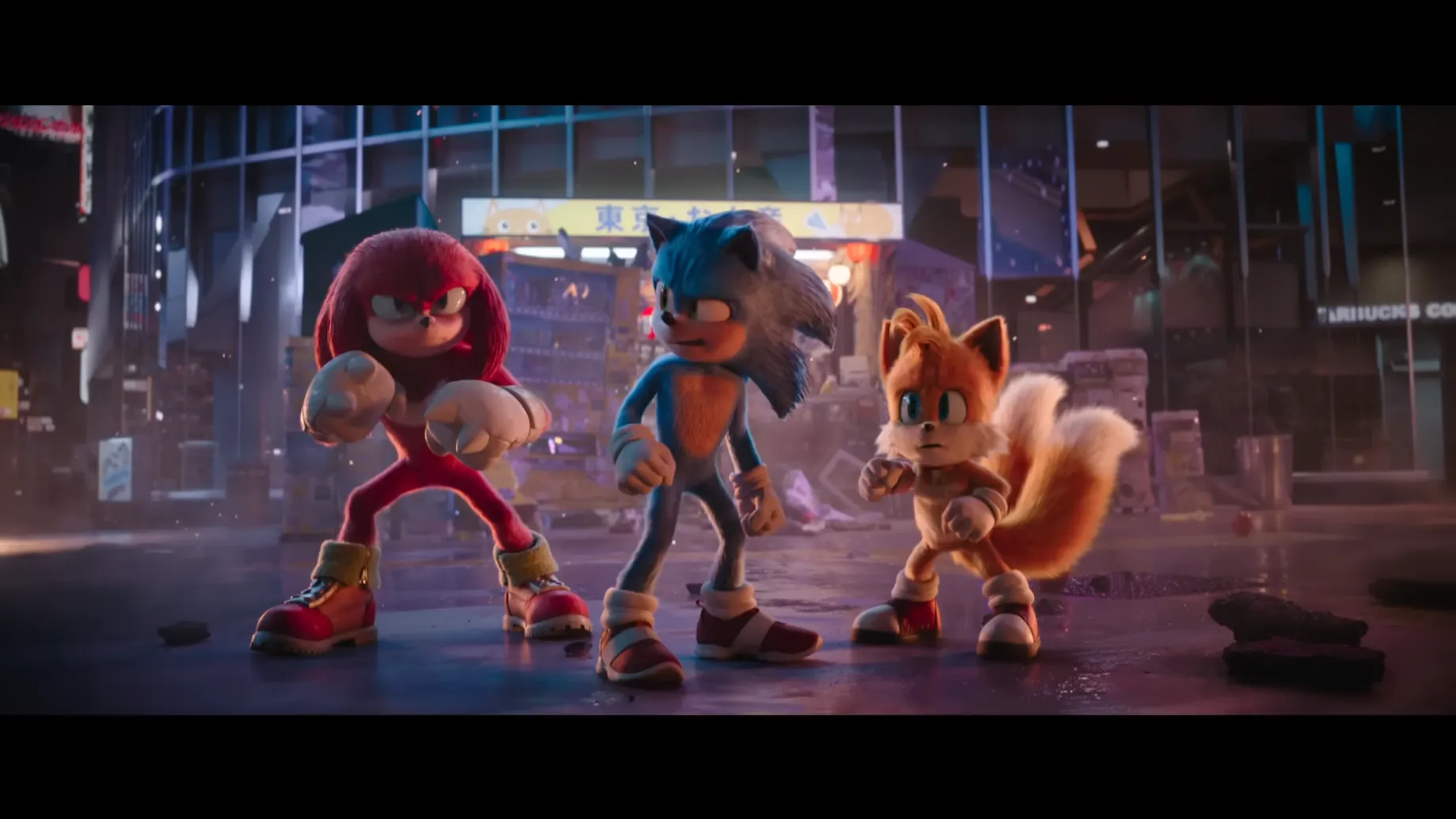 Sonic, Tails en Knuckles in een straat