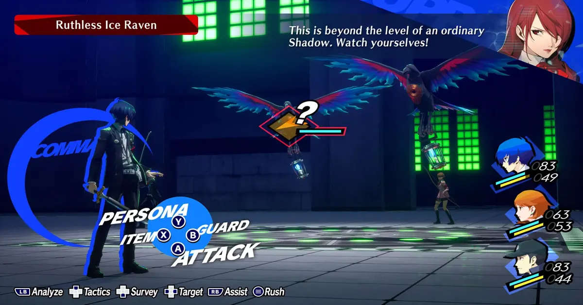 Turn-based combat UI van Persona 3 Reload met het 