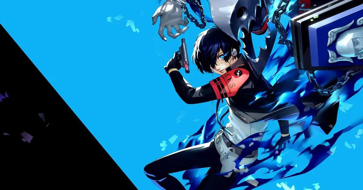 Persona 3 Reload-hoofdrolspeler met zijn Evoker tegen een gestileerde blauwe achtergrond.
