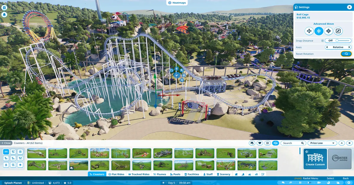 Gedetailleerde gebruikersinterface voor parkbeheer in Planet Coaster 2 of de bouw van een waterpark