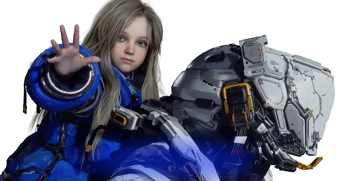 Officiële Pragmata key art met een protagonist in ruimtepak en een jong meisje dat vanaf de maan naar de aarde kijkt.