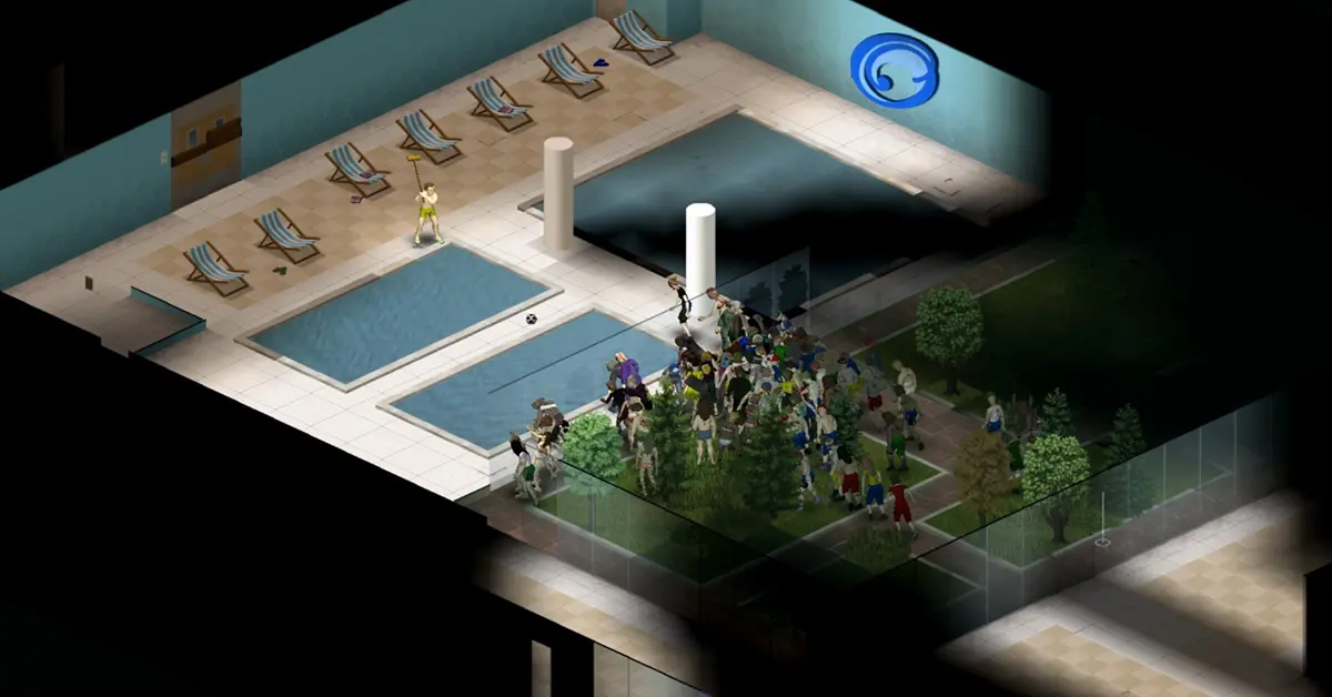 Isometrische gameplay van Project Zomboid die overlevingsmechanismen in een zombie-apocalyps toont