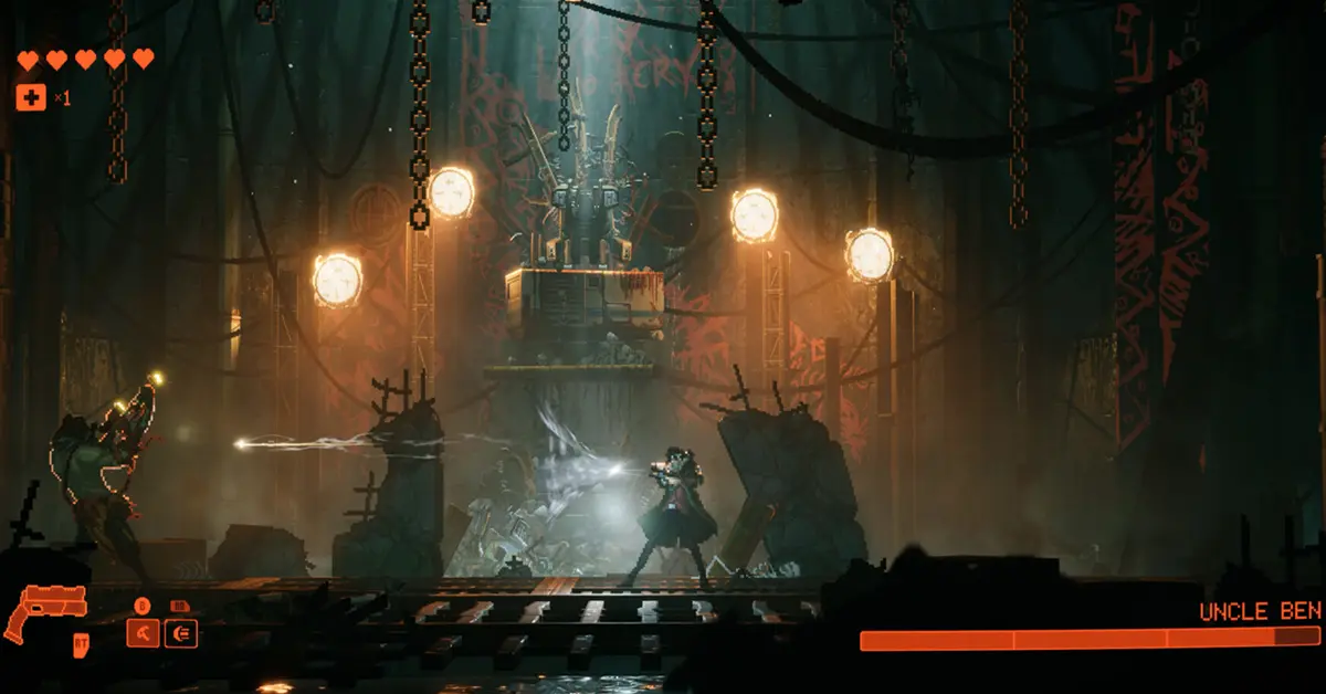 Close-up van R.E.A.C.H. in een gevechtshouding tegen vijanden in een donkere steeg.