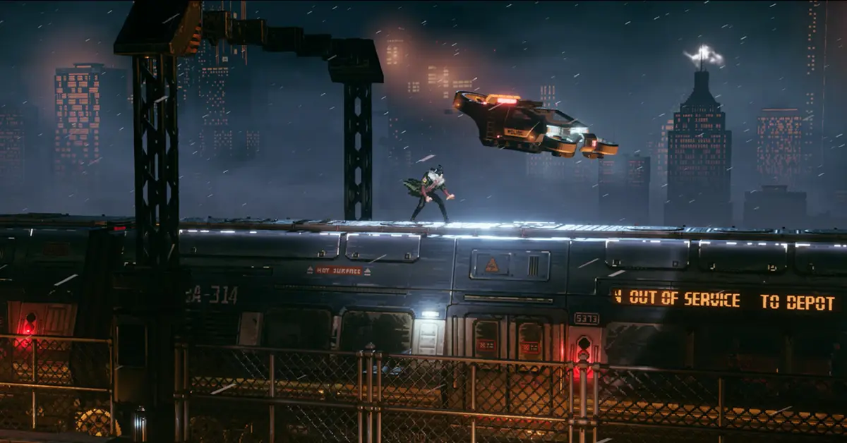 R.E.A.C.H. kijkt uit over het neonverlichte dystopische landschap in REPLACED.