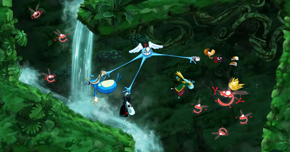 Rayman en Globox rennen door een levendige, kleurrijke jungle-omgeving in Rayman Origins.