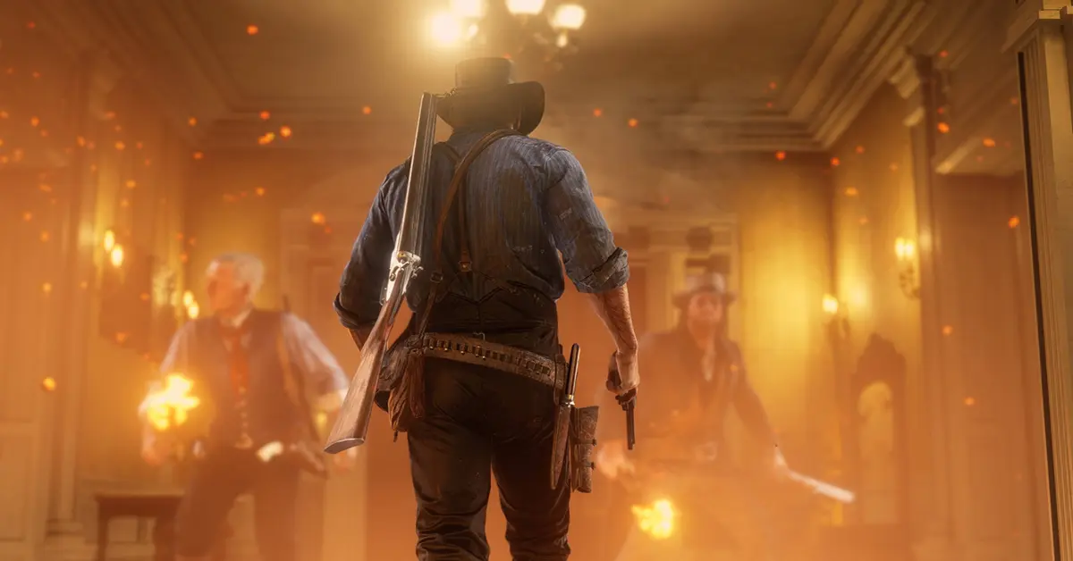 Arthur Morgan met een getrokken revolver tijdens een gespannen confrontatie in Red Dead Redemption 2