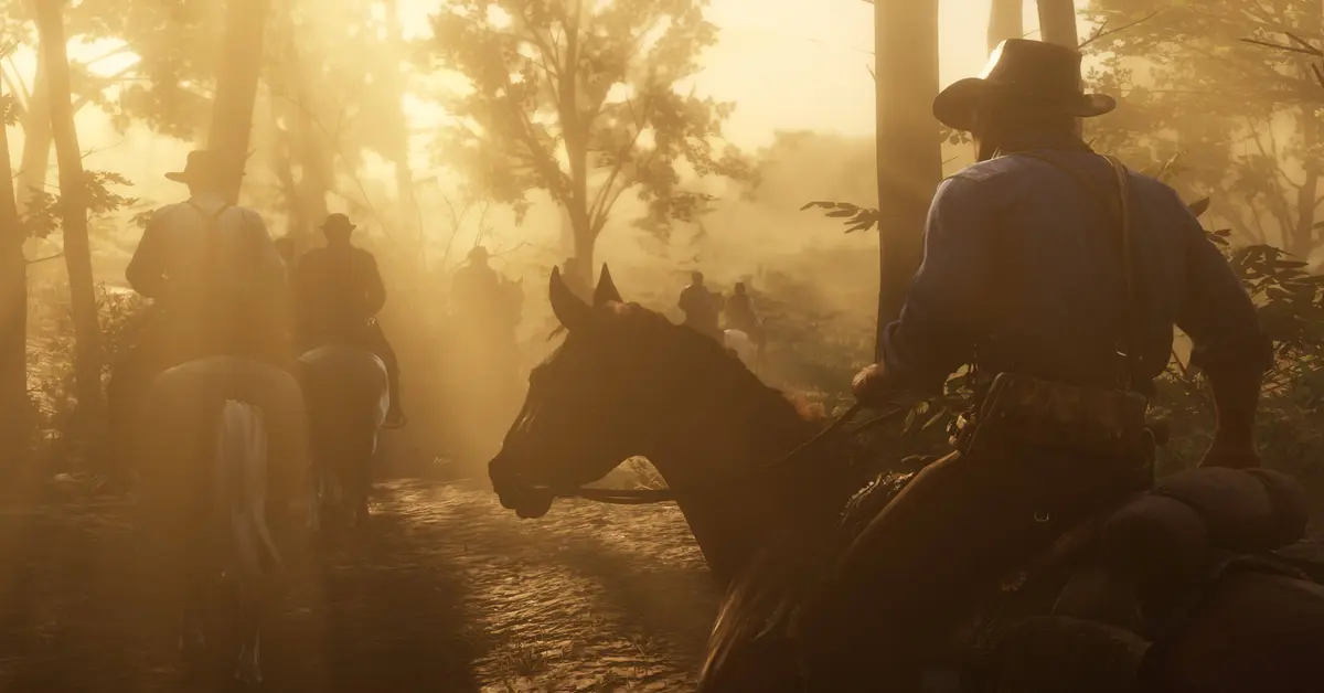 Een gedetailleerde weergave van een dicht bos met zonlicht dat door de bomen breekt in Red Dead Redemption 2 op PC