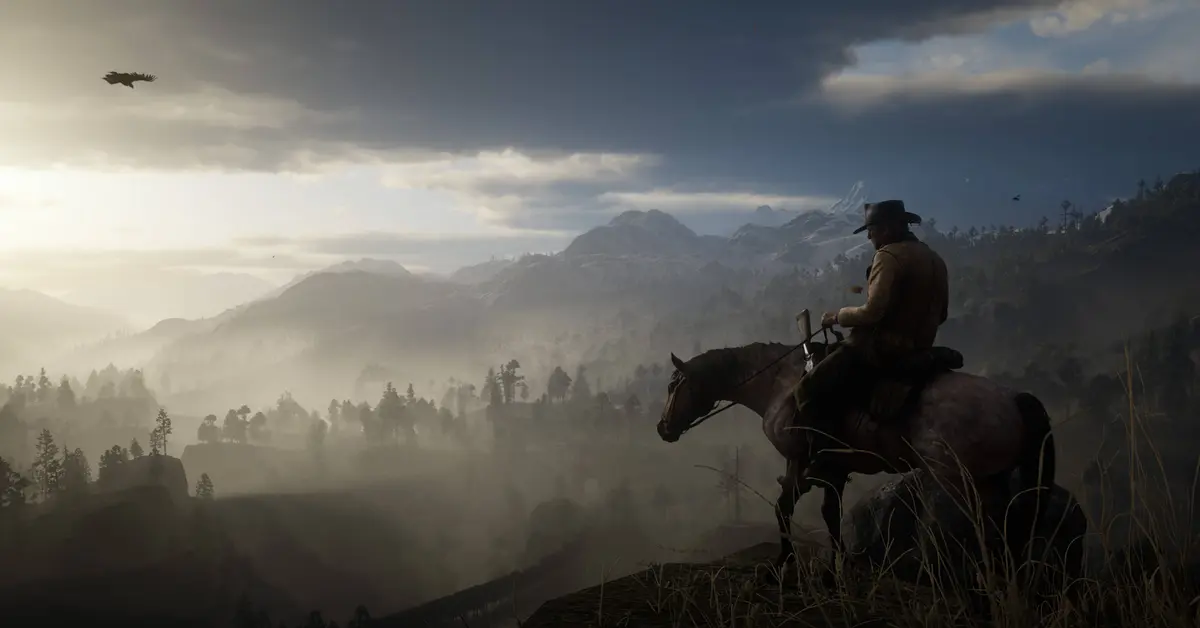 Arthur Morgan rijdend op een paard door een uitgestrekt, schilderachtig Wild West-landschap in Red Dead Redemption 2