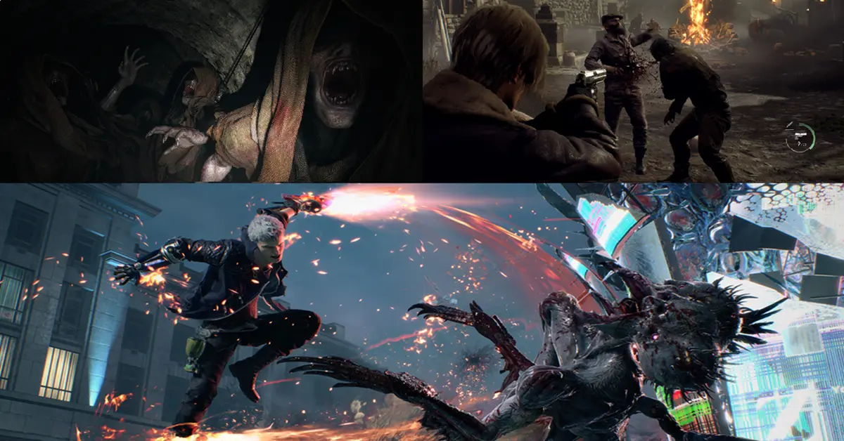 Een split-screen afbeelding die gameplaymomenten vergelijkt uit de Resident Evil 4 Remake, Resident Evil Village en Devil May Cry 5