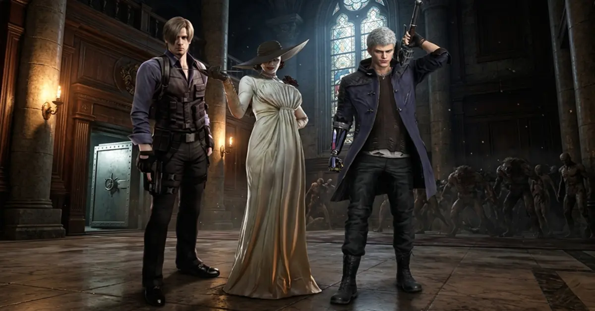 Leon S. Kennedy uit de Resident Evil 4 Remake naast Lady Dimitrescu uit Resident Evil Village en Nero uit Devil May Cry 5