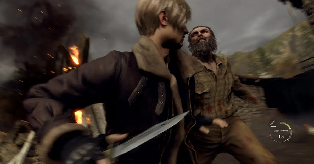 Leon vecht tegen geïnfecteerde dorpelingen tijdens een intens gevecht in Resident Evil 4 Remake