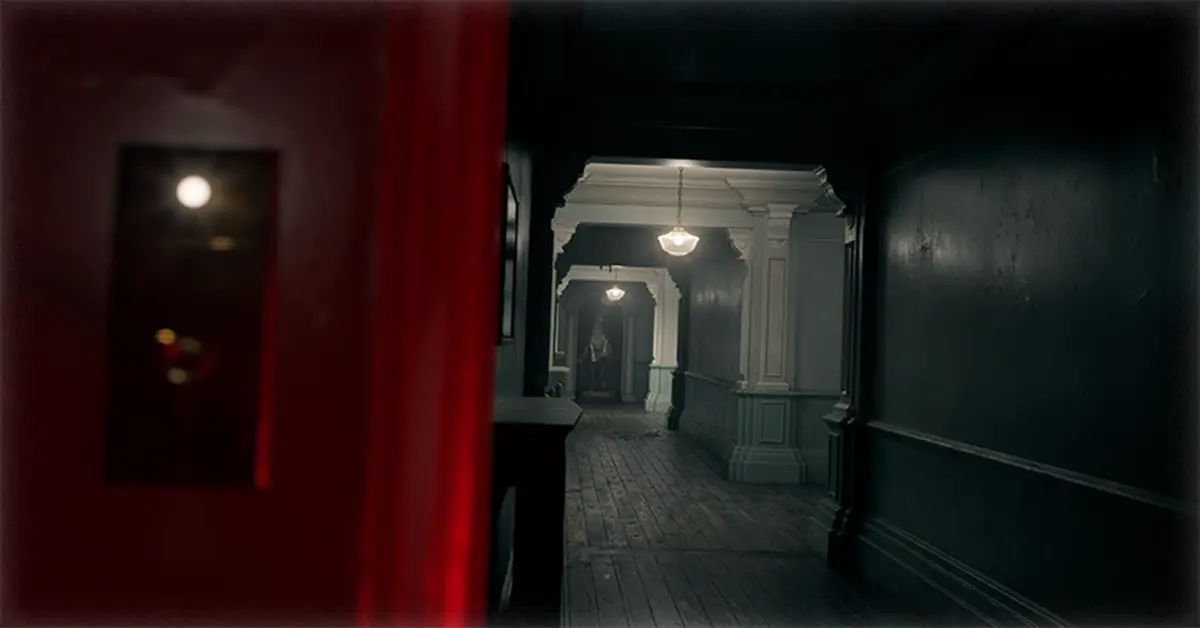 Gameplay screenshot van het verlaten hotel in Resident Evil Requiem