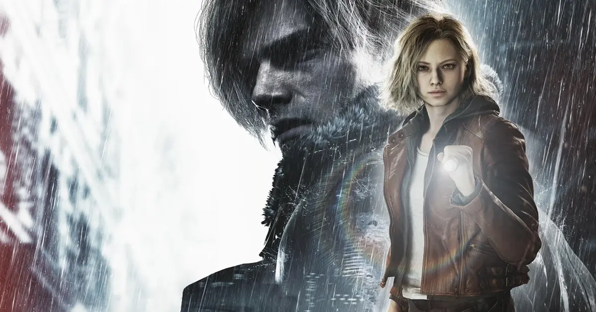 Leon S. Kennedy en Grace Ashcroft verkennen een donkere, in mist gehulde straat in Resident Evil Requiem