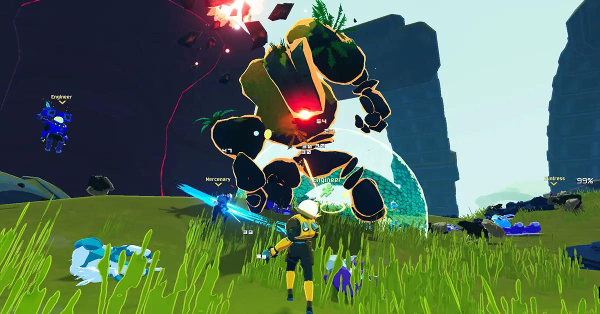 Risk of Rain 2 gameplay met een chaotische buitenaardse omgeving met overlevenden die tegen bazen vechten.