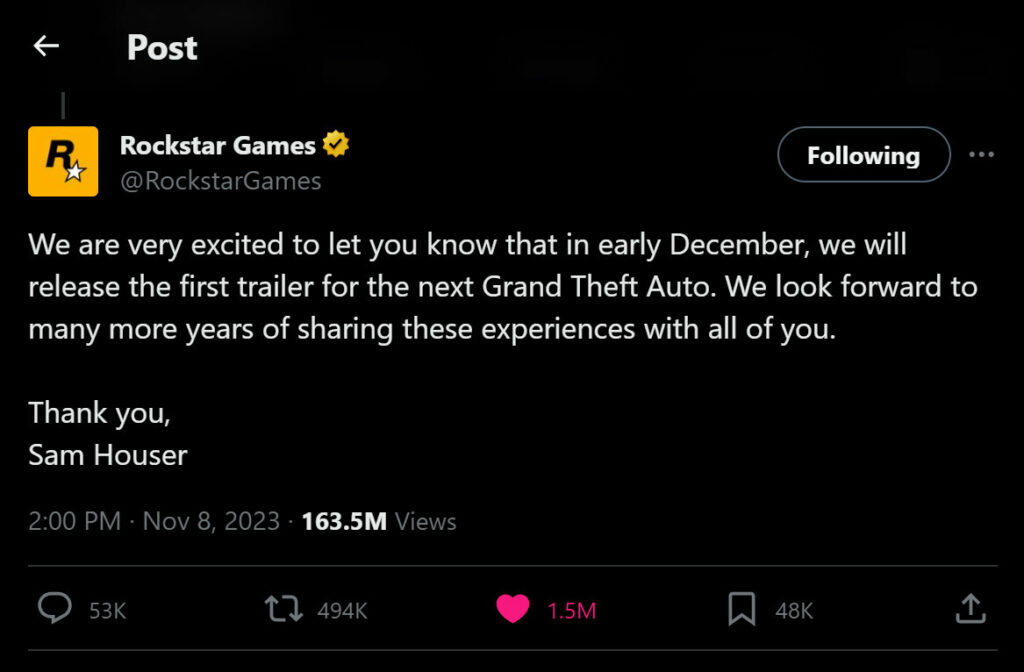 OfficiÃ«le tweet van Rockstar voor het 25-jarig jubileum