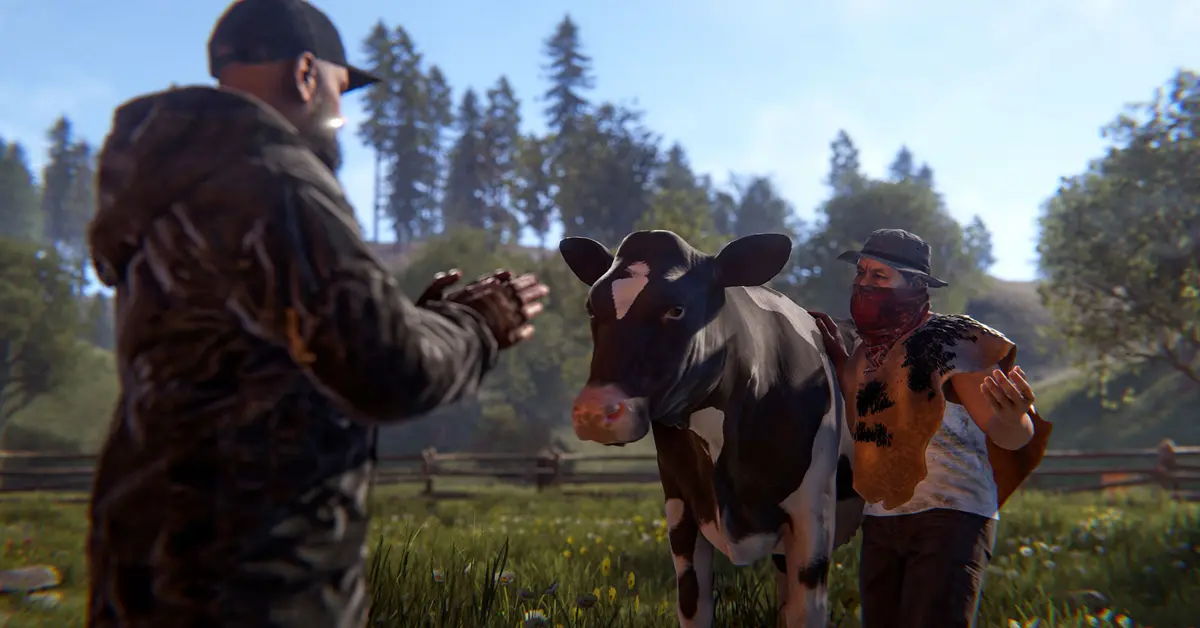 Speler verzorgt koeien en schapen in een versterkte Rust-basis tijdens de Livestock-update