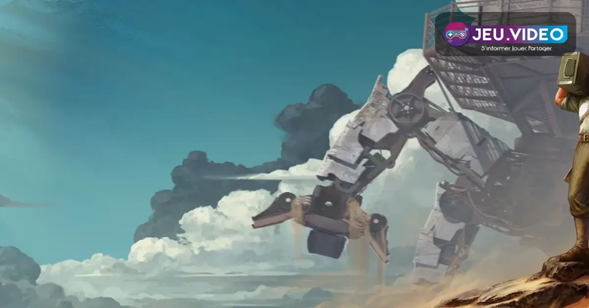 Een enorme aangepaste mechanische Trampler-mech die door een verwoest woestijnlandschap loopt in SAND Raiders of Sophie