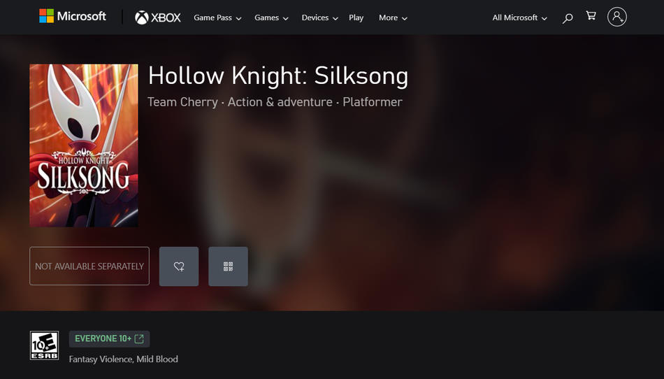 Microsoft Store-pagina voor Hollow Knight Silksong