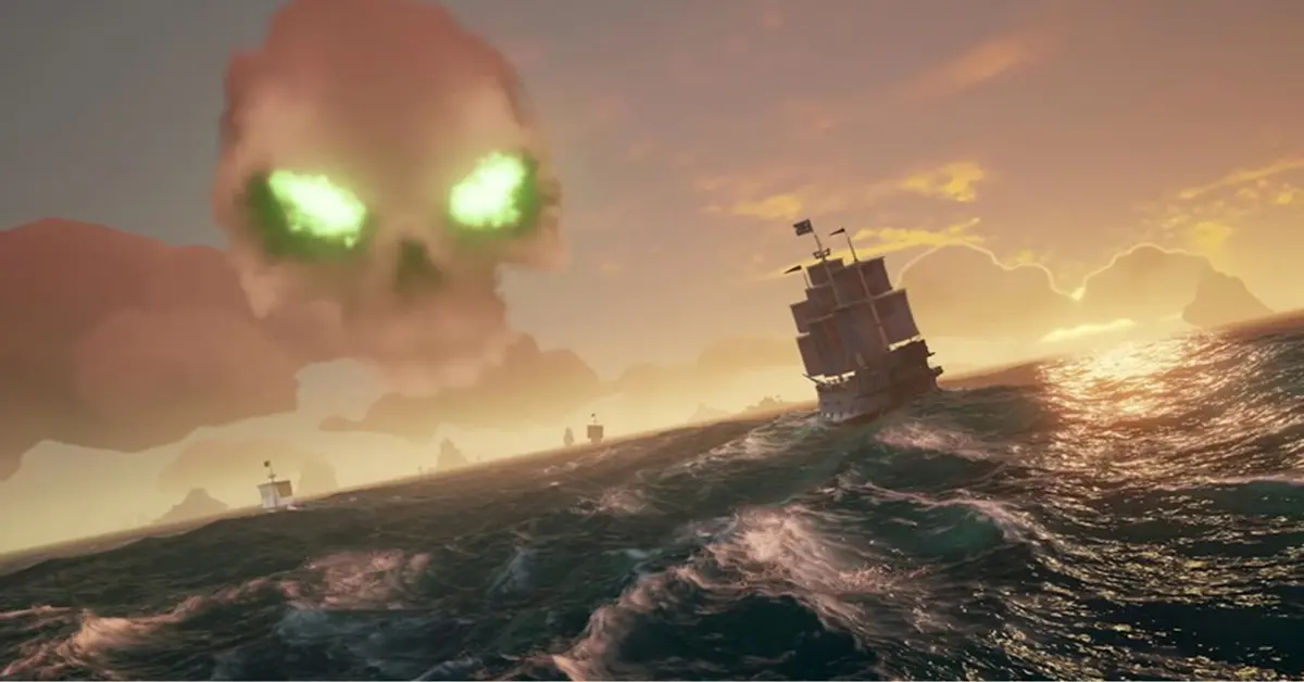 Piratengaljoen vaart door een storm in Sea of Thieves