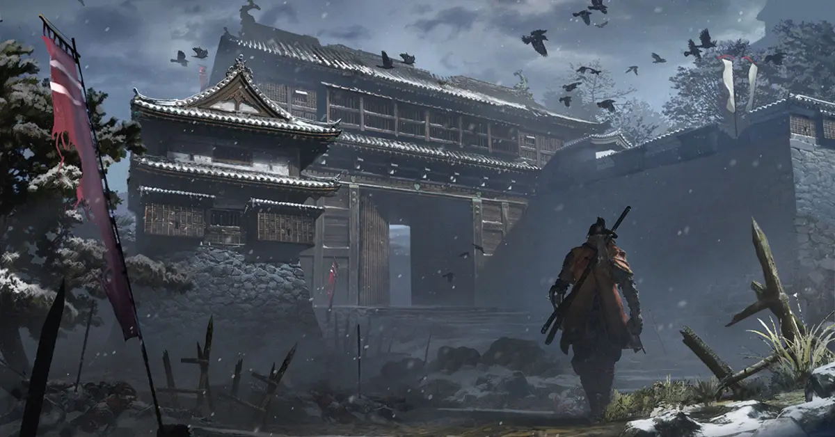 The Wolf staand met zijn katana in de Sekiro Shadows Die Twice Sengoku Japan setting
