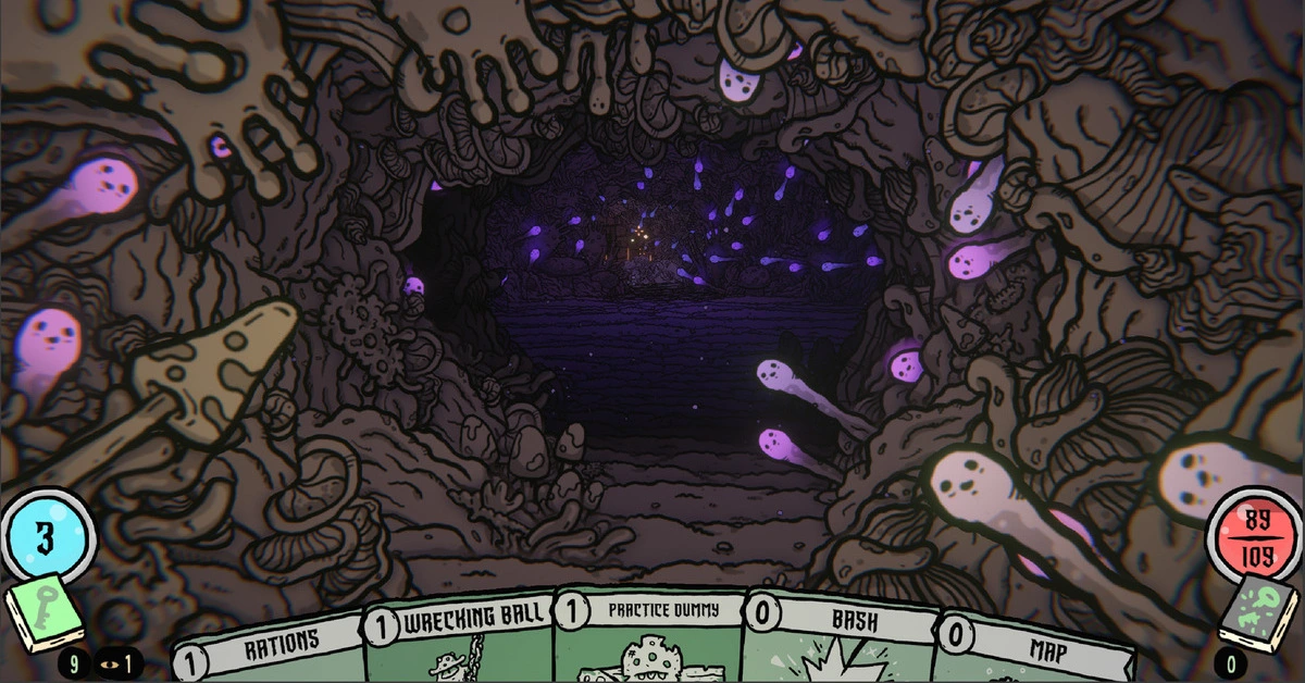Eerstepersoonsperspectief van een kerkergang in Shroom and Gloom.