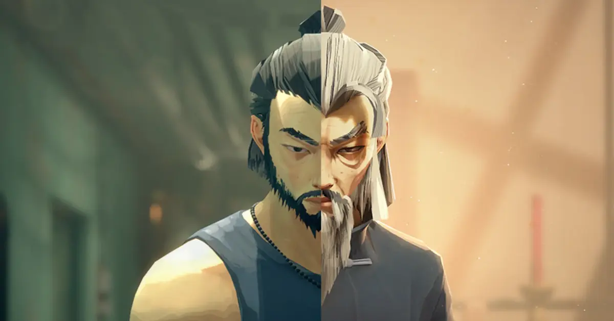 De protagonist van Sifu toont zichtbare tekenen van veroudering met grijs haar en versleten kleding.