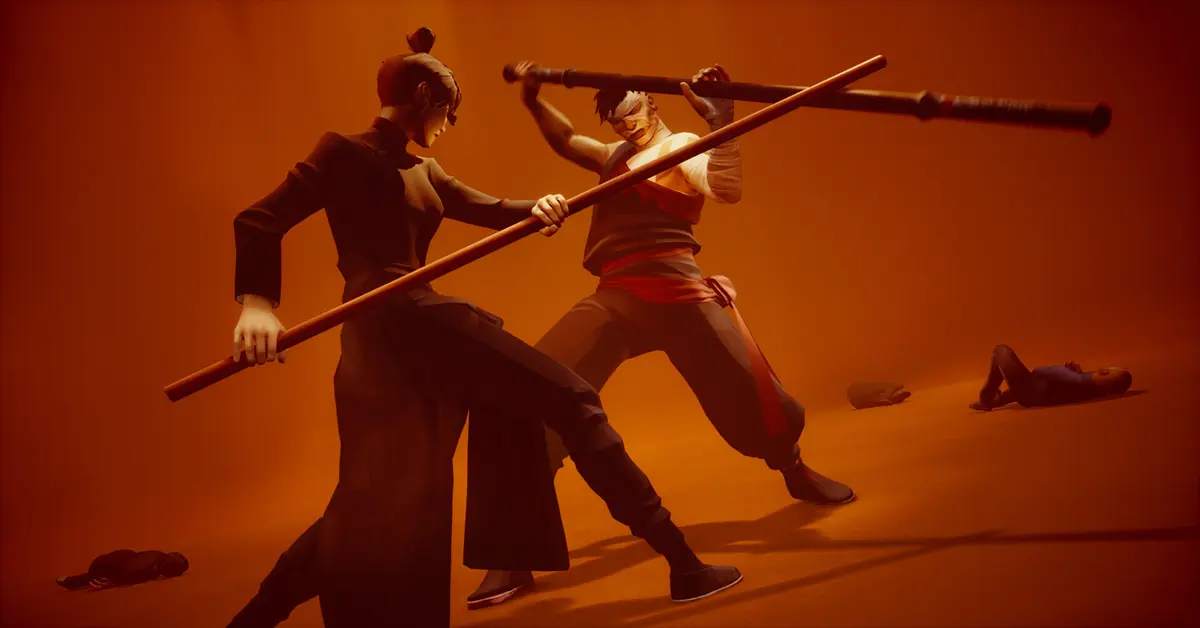 Een cinematografische vechtsportconfrontatie met de protagonist in een traditionele Pak Mei Kung Fu houding.