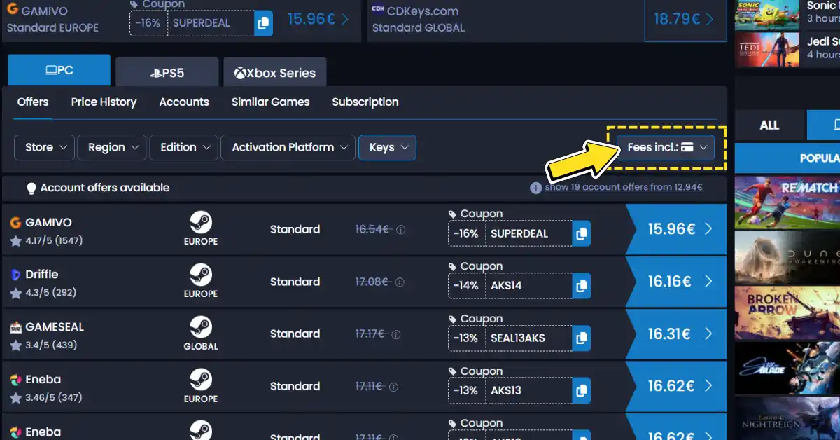 Cdkeynl winkelkosten filteroptie