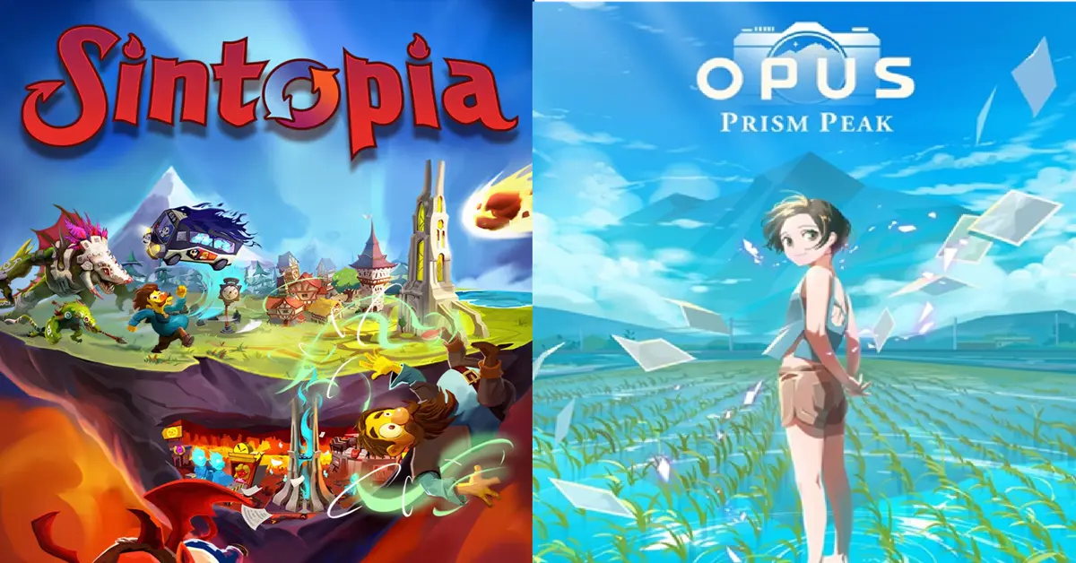 Split-screen vergelijking van Sintopia-gameplay en het landschap van OPUS Prism Peak.