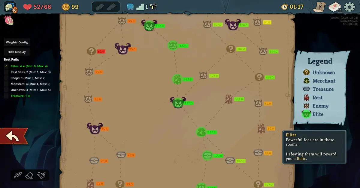 Het nieuwe Necrobinder-personage selecteert een gevechtsroute op het kaartscherm van Slay the Spire 2.