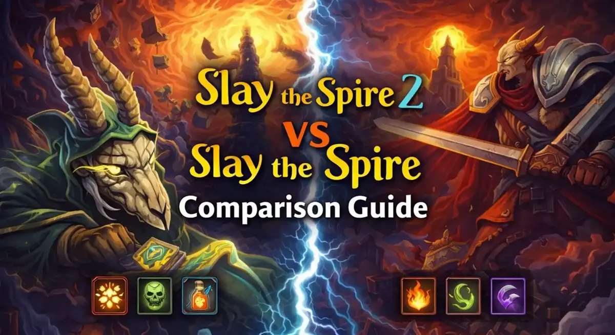 Zij-aan-zij vergelijking van Slay the Spire 2 en het originele spel waarin UI-verbeteringen worden benadrukt.