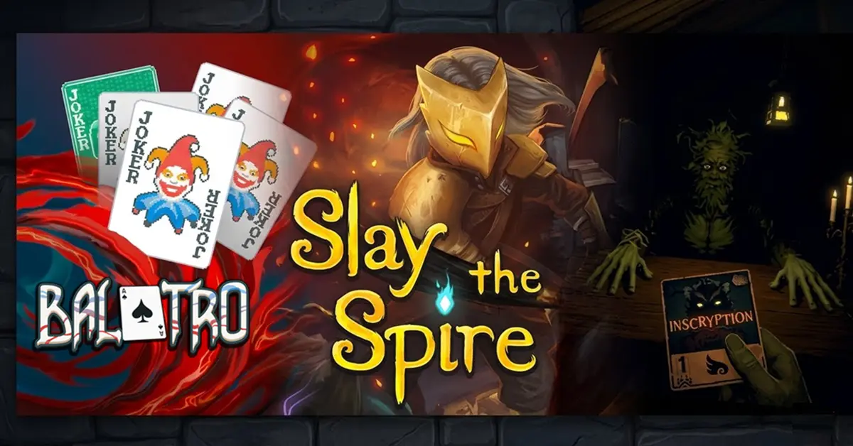 Collage van Balatro jokerkaarten, Slay the Spire personage en Inscryption mysterieuze dealer