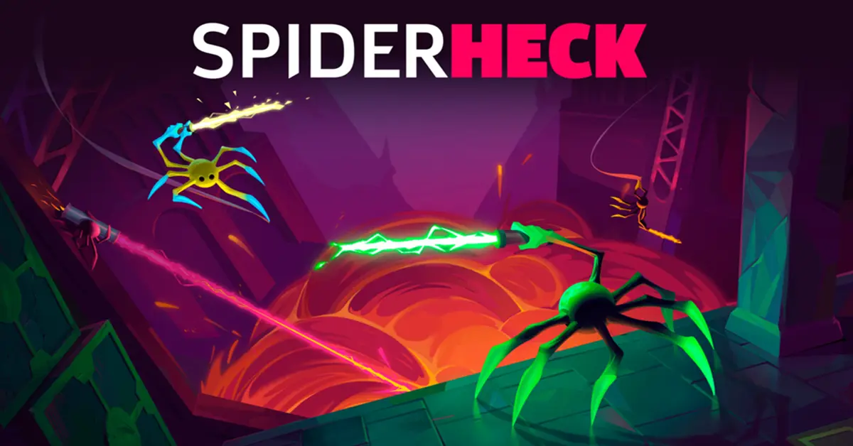 Neonkleurige spinnen die vechten met laserzwaarden in een op fysica gebaseerde arena in SpiderHeck.