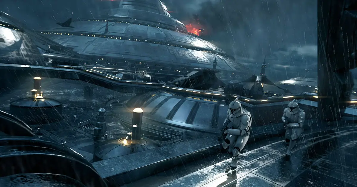 Een gedetailleerde blik op een Clone Trooper die over de door regen doordrenkte multiplayer-map van Kamino navigeert.
