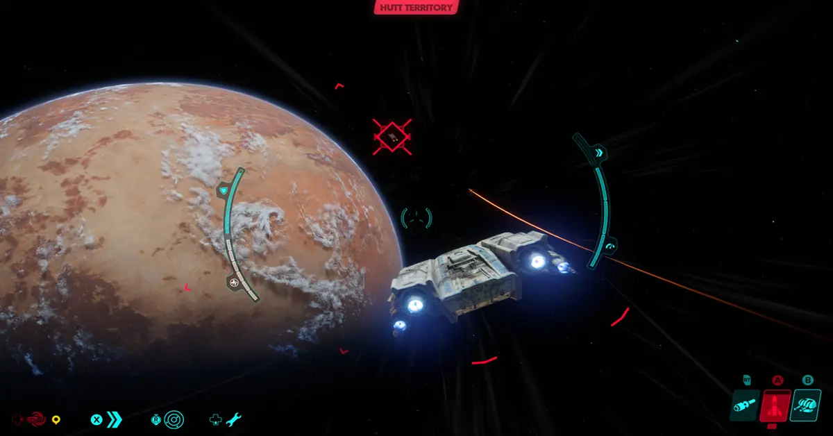Gameplay-screenshot van Kay Vess die de Trailblazer bestuurt en in open-wereld gevechten is verwikkeld.