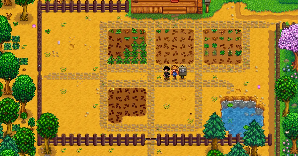 Een levendige, overwoekerde boerderij op een zonnige lentedag in Stardew Valley.