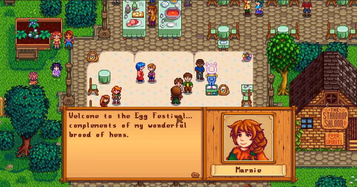 Levendige lente in Pelican Town tijdens het Egg Festival in Stardew Valley