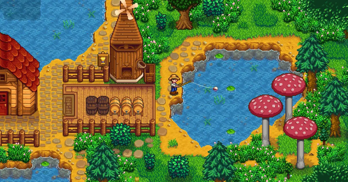 Een speler die aan het vissen is bij het bergmeer in Stardew Valley tijdens de lente.