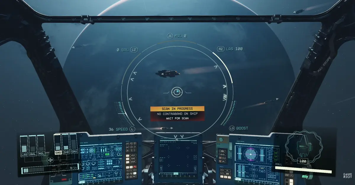 Starfield PS5-gameplay van een custom ruimteschip dat rond een planeet met heldere ringen draait.