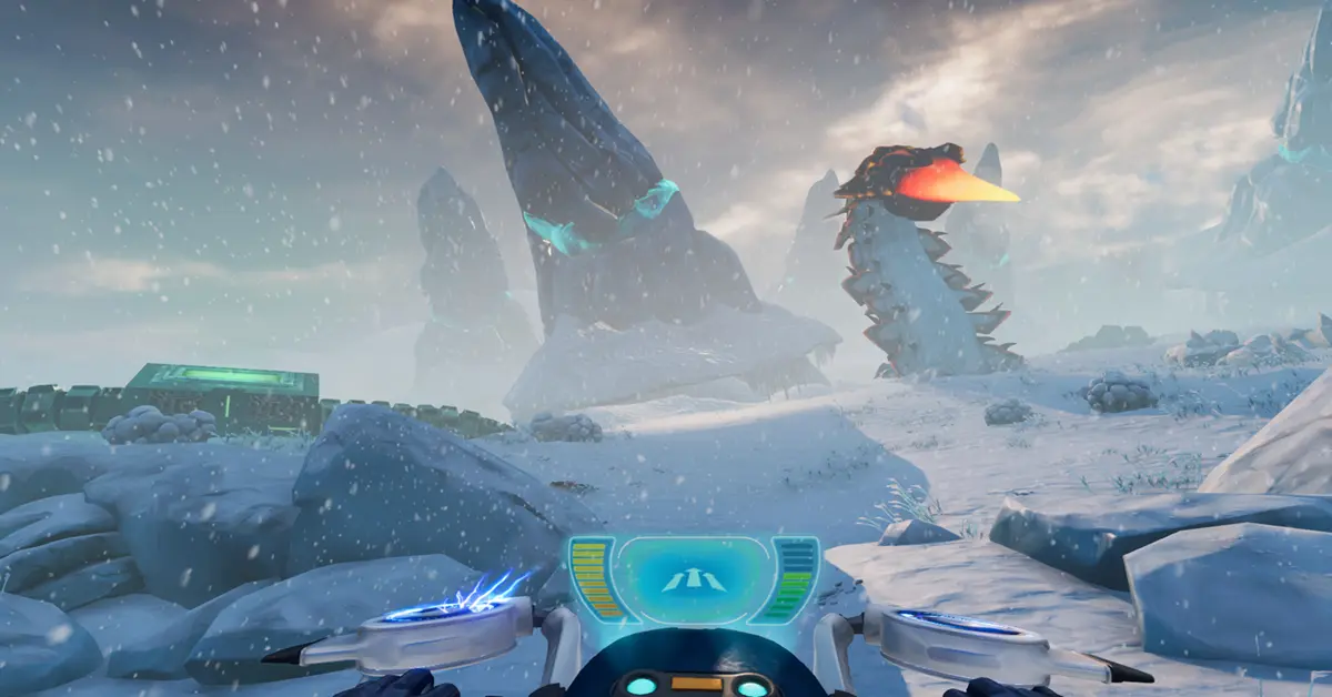De Snowfox-hoverbike die wordt gebruikt om een besneeuwde vlakte over te steken in Subnautica: Below Zero.