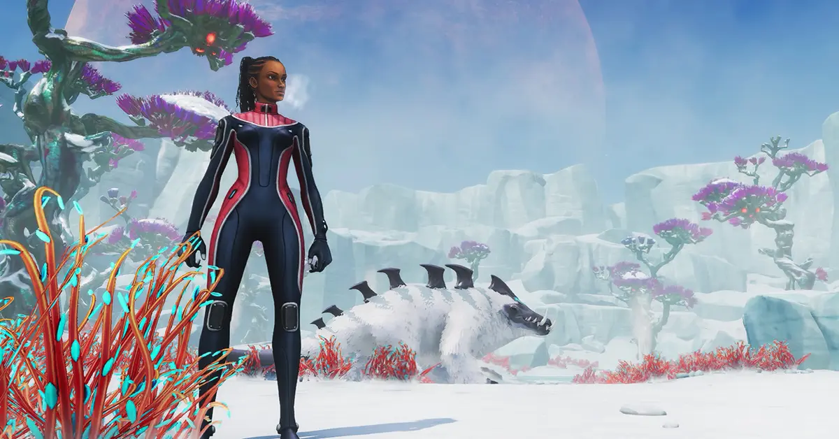Artwork van de 5e verjaardag van Subnautica: Below Zero, waarop de hoofdpersoon op een ijzige klif staat en uitkijkt over een bevroren oceaan.