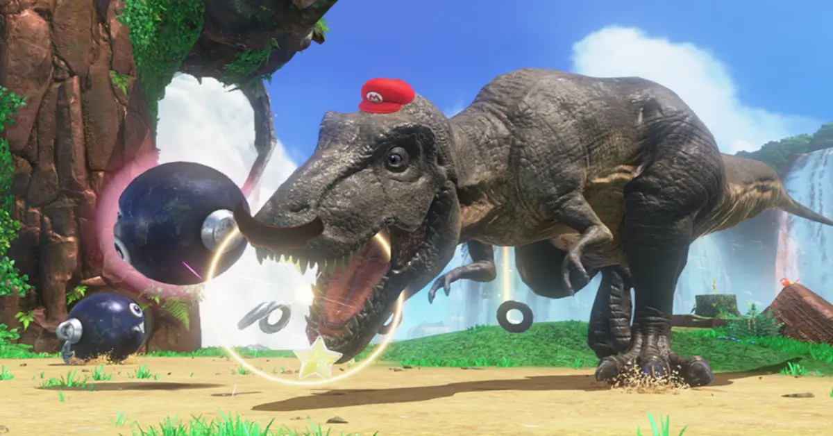 Mario bestuurt een gigantische, realistische T-Rex in het prehistorische Cascade Kingdom, met Cappy op zijn kop.