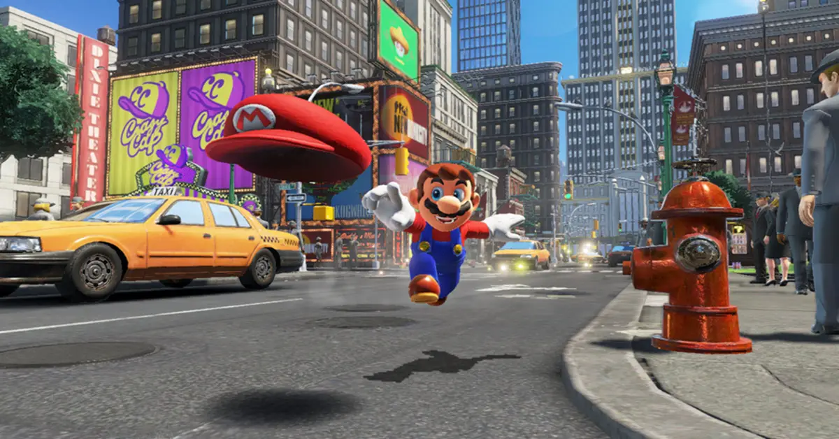 Mario springt door de lucht en gooit Cappy naar een gele taxi in het bruisende Metro Kingdom.